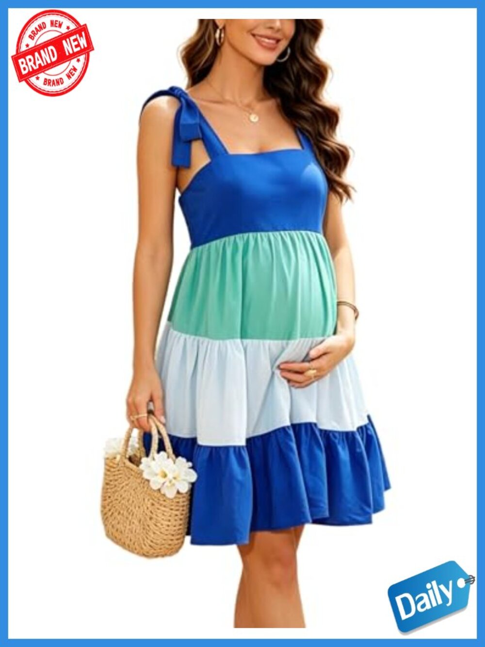 Tiered Maternity Dress Square Neck Tie Shoulder Summer Baby Shower Photoshoot